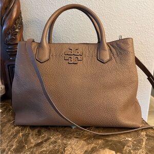 Tory Burch McGraw Taupe Pebbled Leather Satchel with Removable Strap